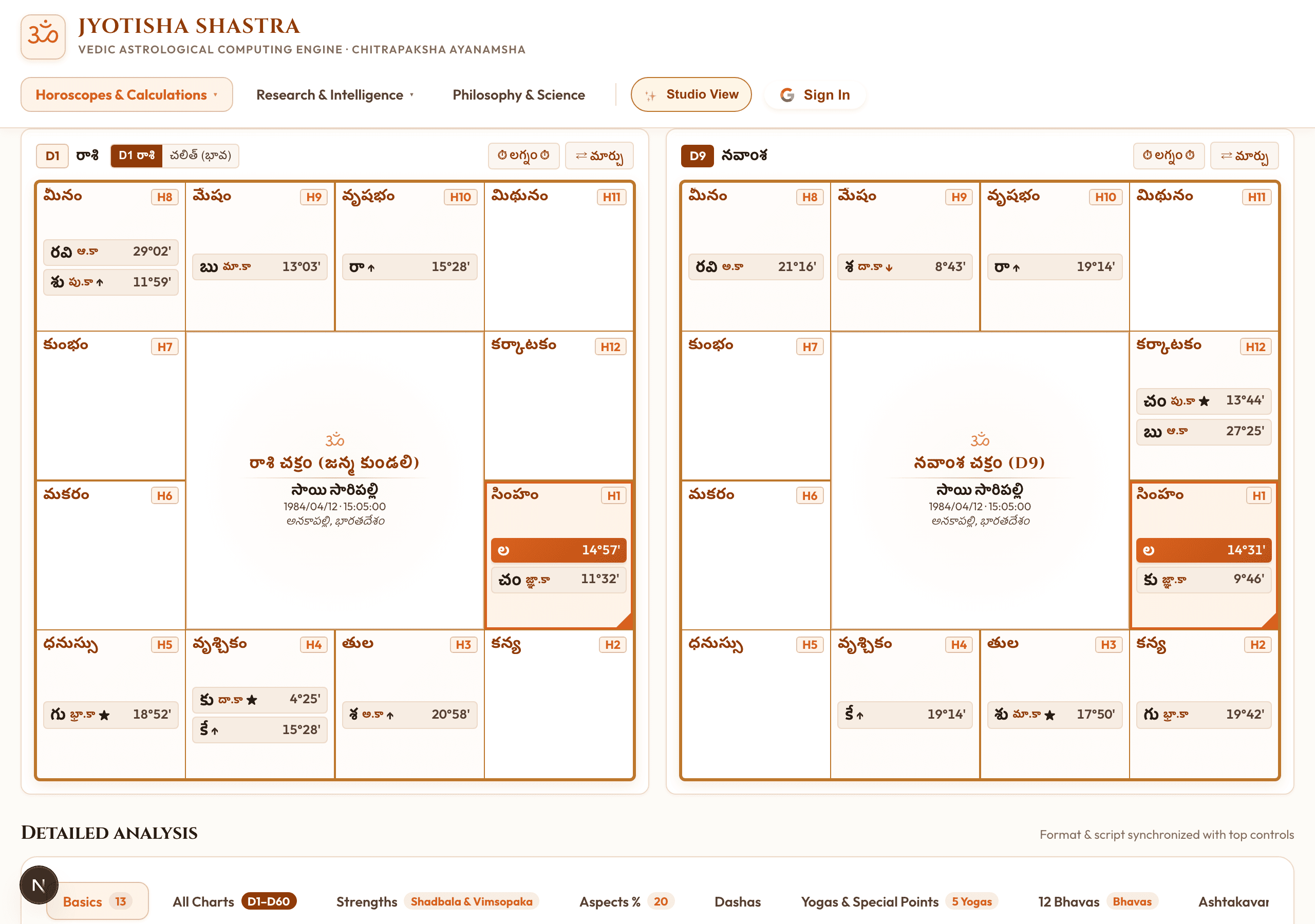 Classic and Studio Kundali View with Regional Layout & Vernacular Script Switcher